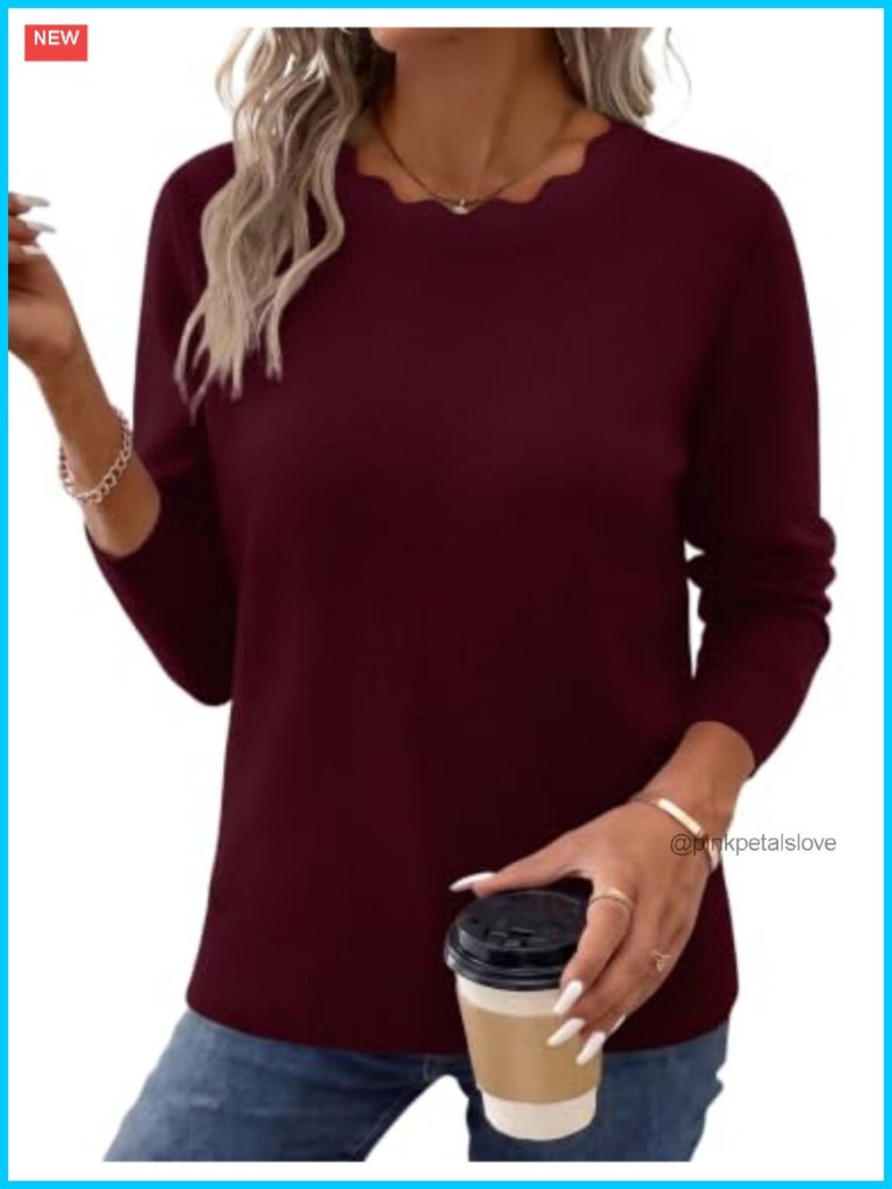 OFEEFAN Women's Scalloped Crew Neck Pullover Sweater Cozy Fall Long Sleeve